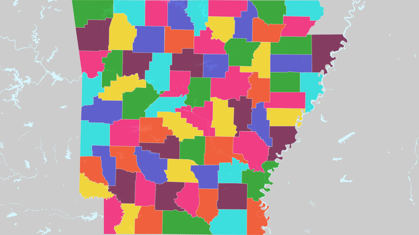 Counties of Arkansas Interactive Colorful Map