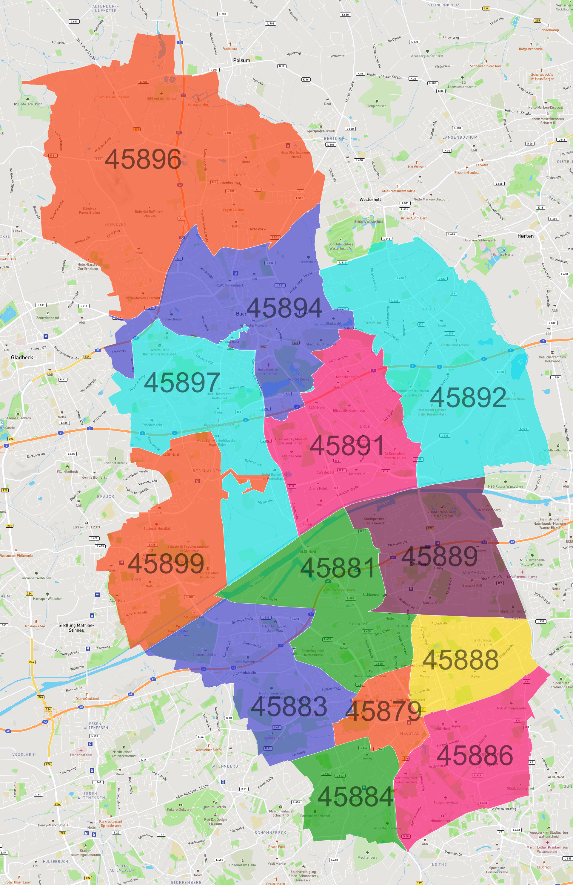 Gelsenkirchen Postleitzahlen Karte - AtlasBig.com