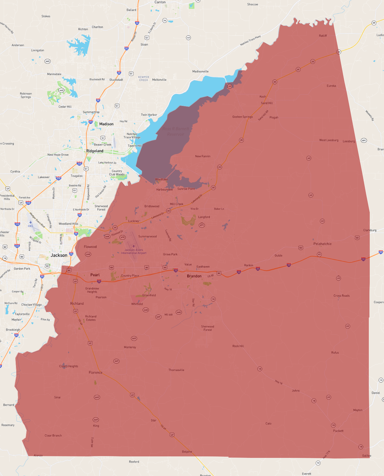 Rankin County Mississippi Digital Zip Code Map 